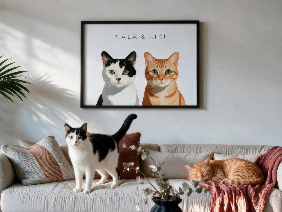 Pet photo and the finished custom two pet portrait side by side