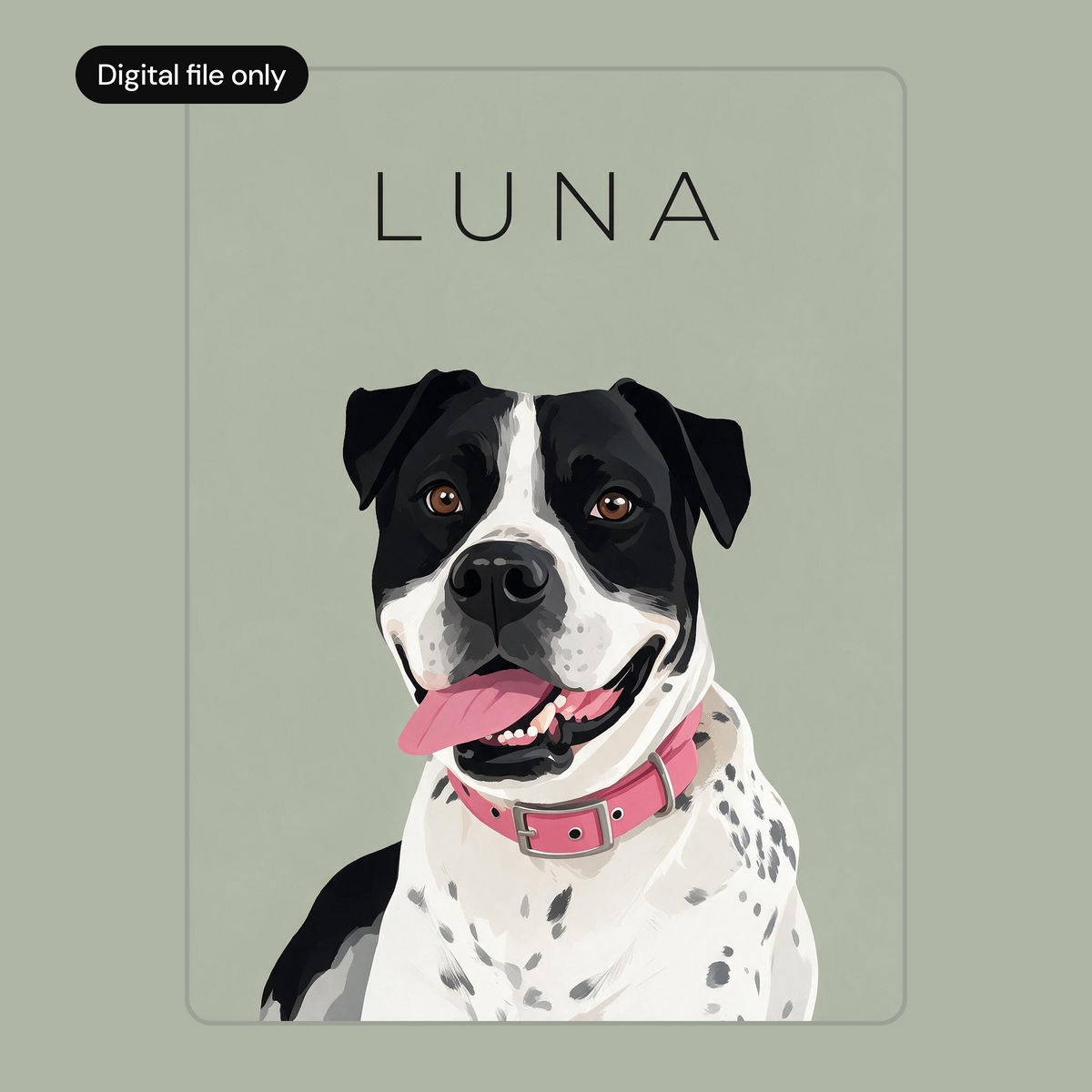Custom single pet portrait digital download, sage green background
