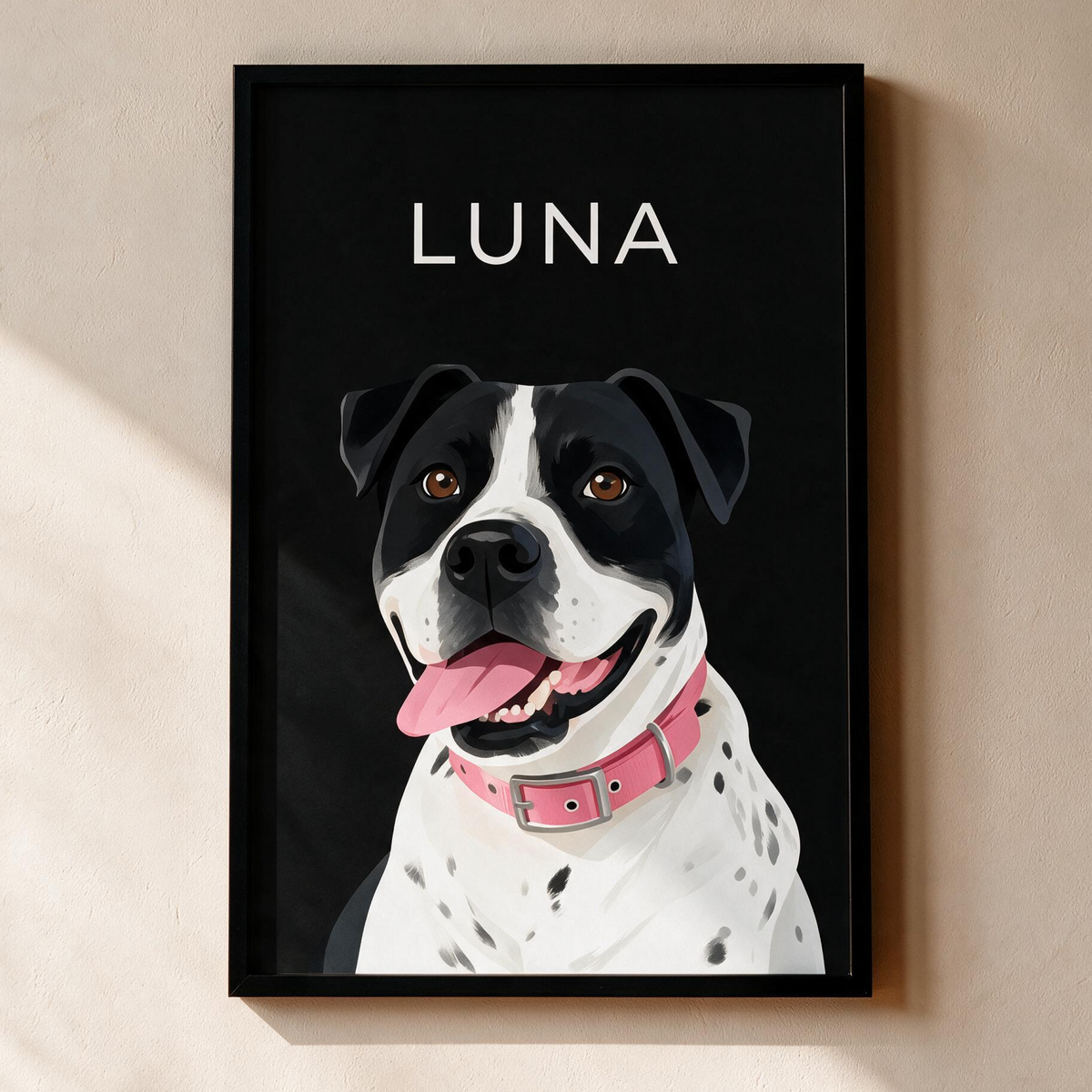 Custom single pet portrait, framed print on a black background