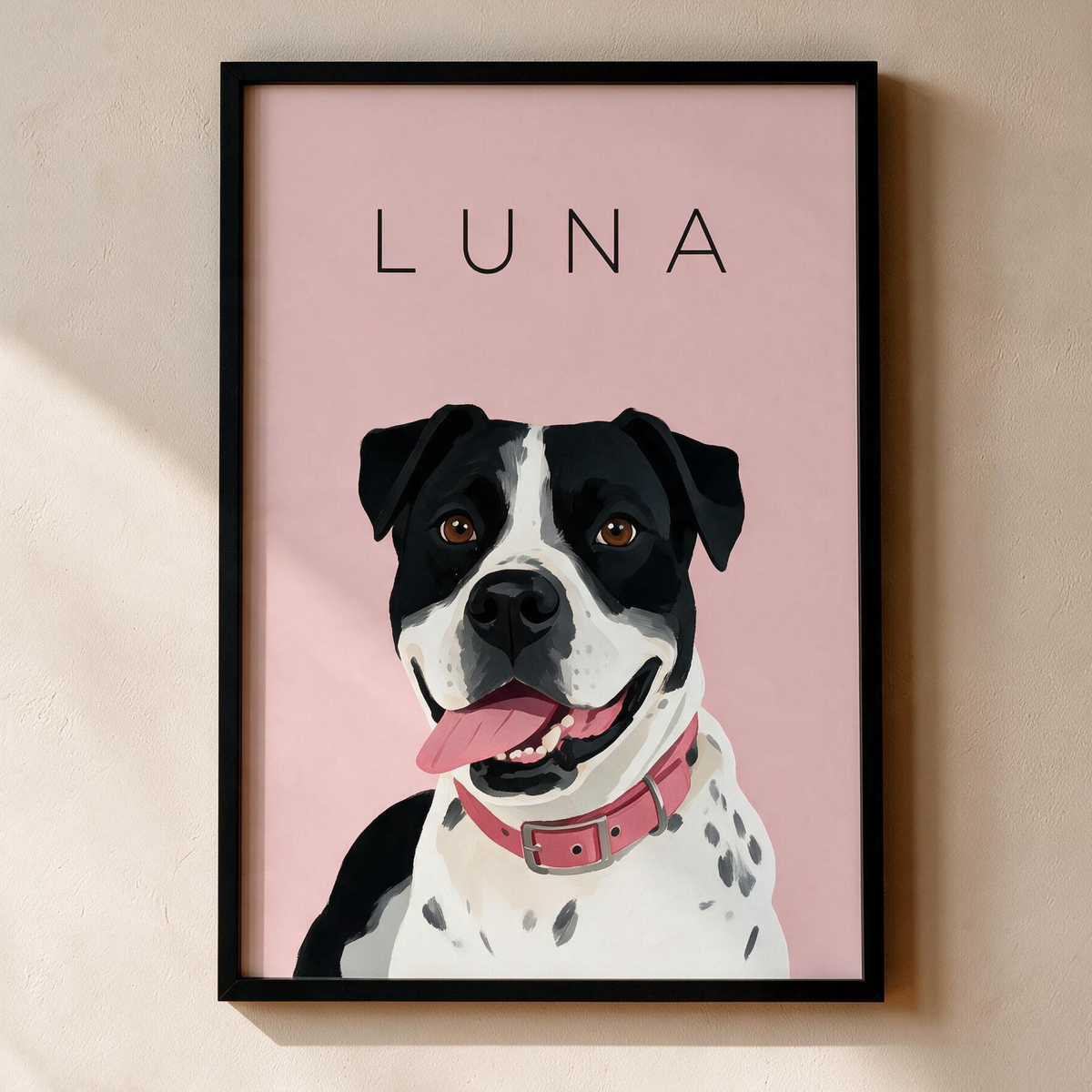 Custom single pet portrait, framed print on a pale pink background