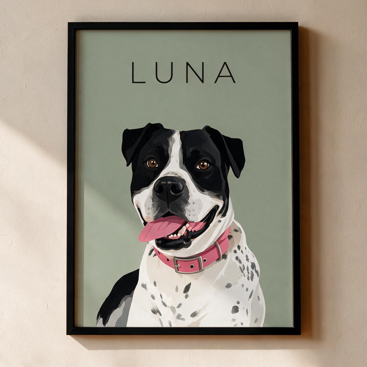 Custom single pet portrait, framed print on a sage green background