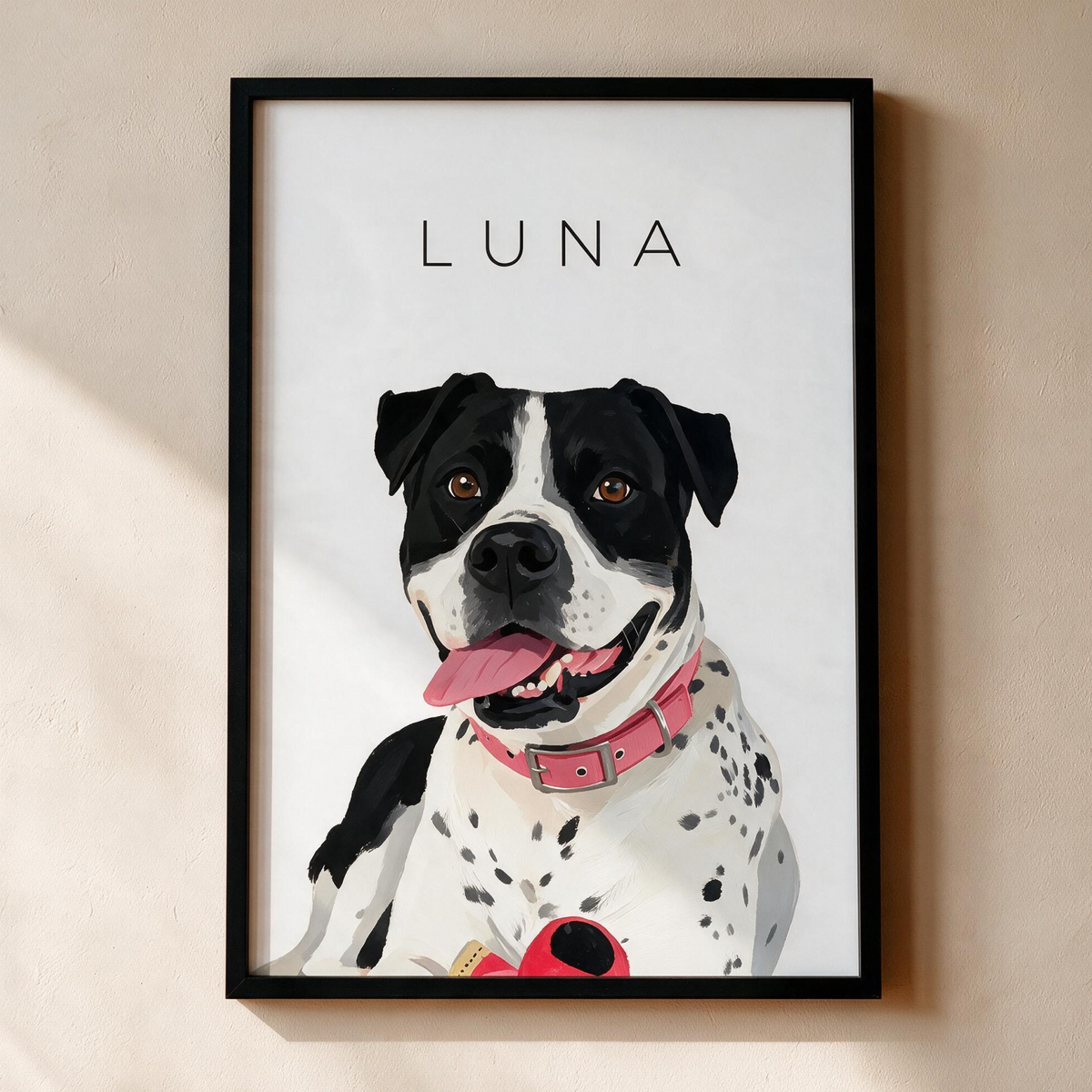 Custom single pet portrait, framed print on a white background