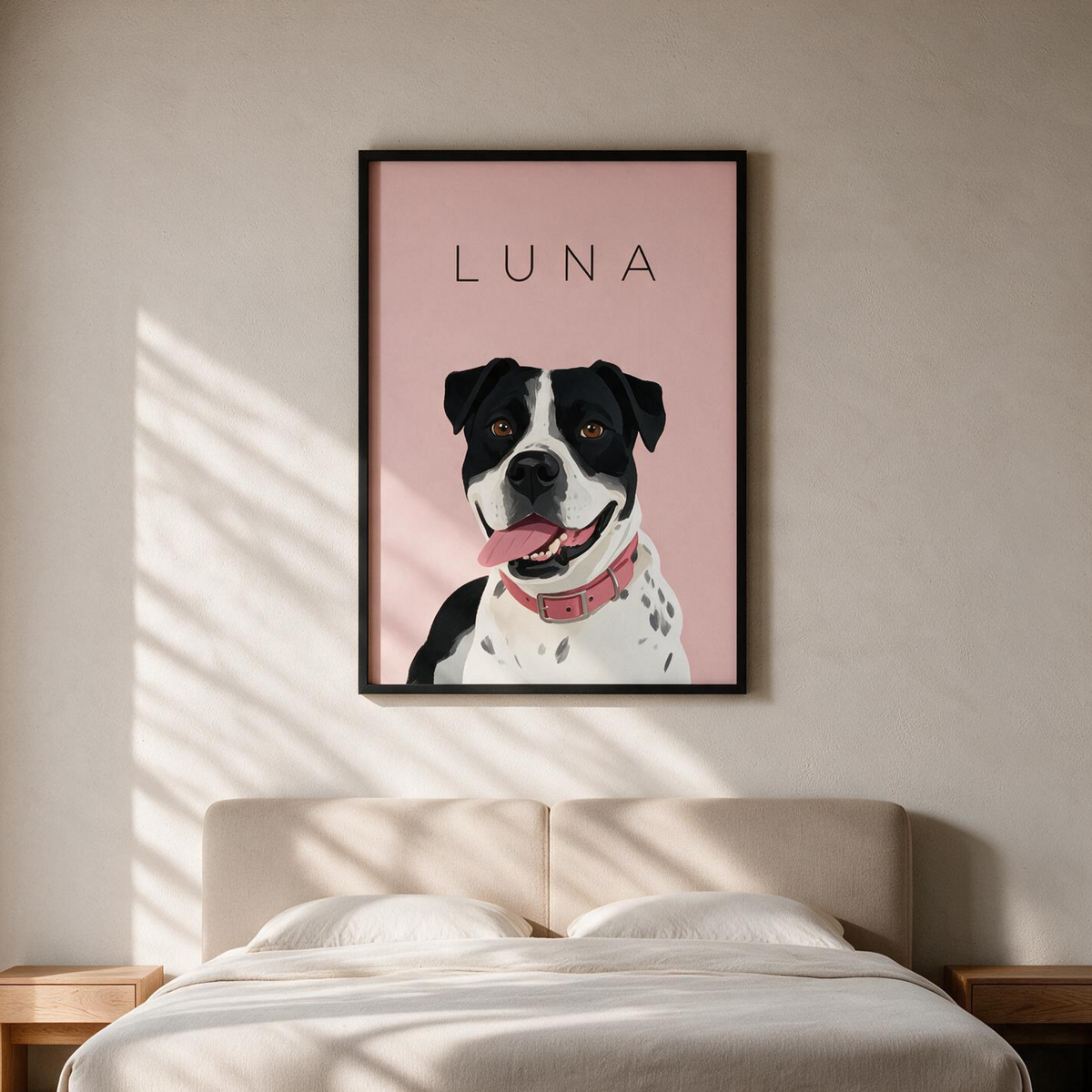 Custom single pet portrait framed and hanging on a living room wall