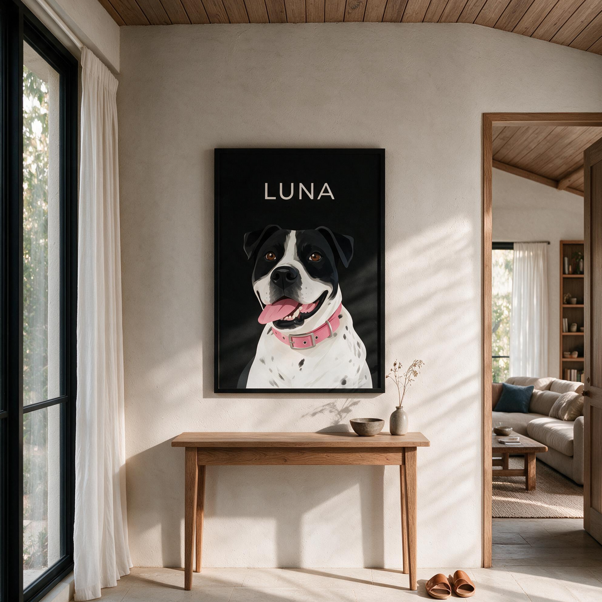 Custom single pet portrait styled as framed wall art in a home