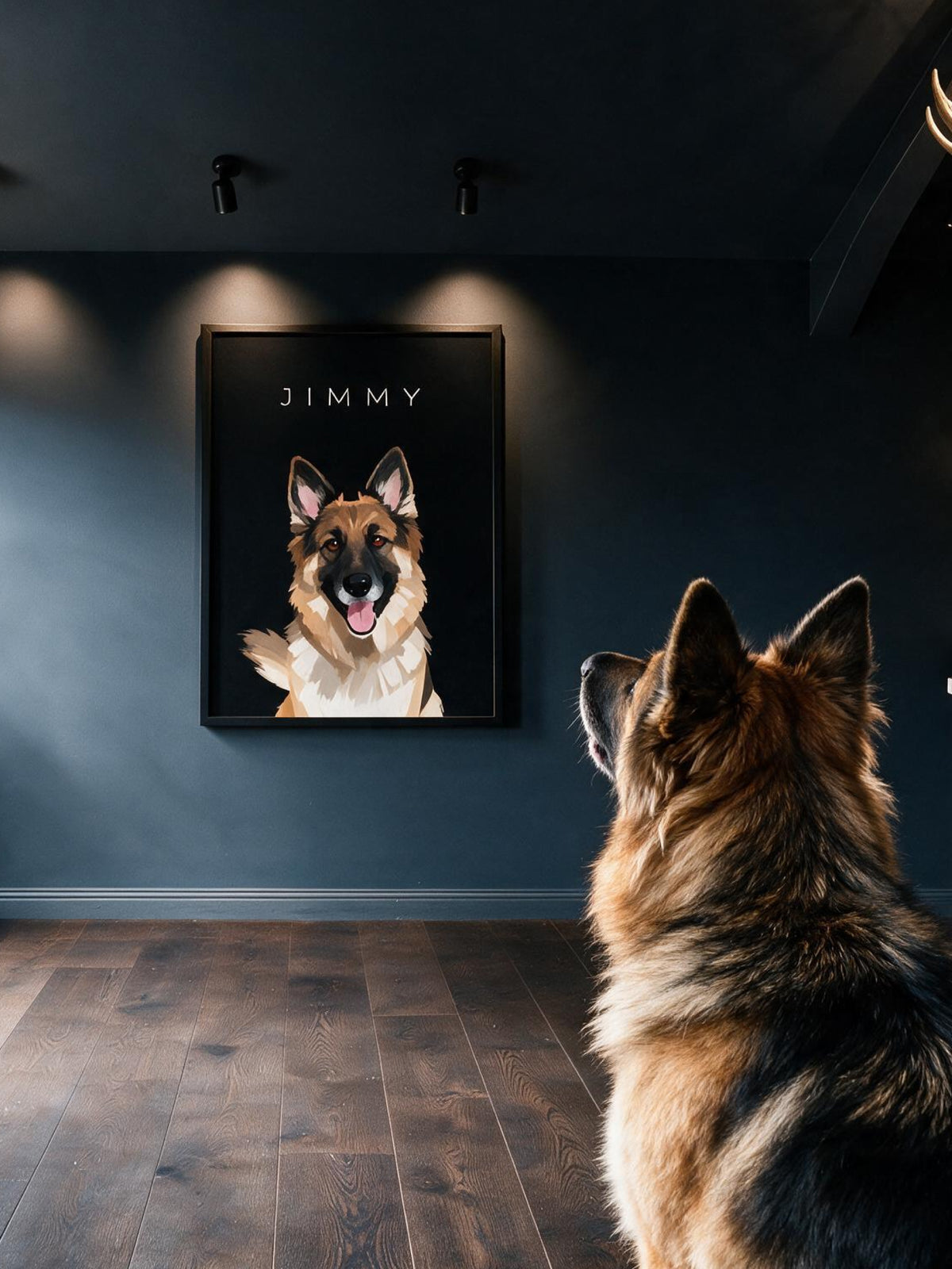Pet photo and the finished custom single pet portrait side by side