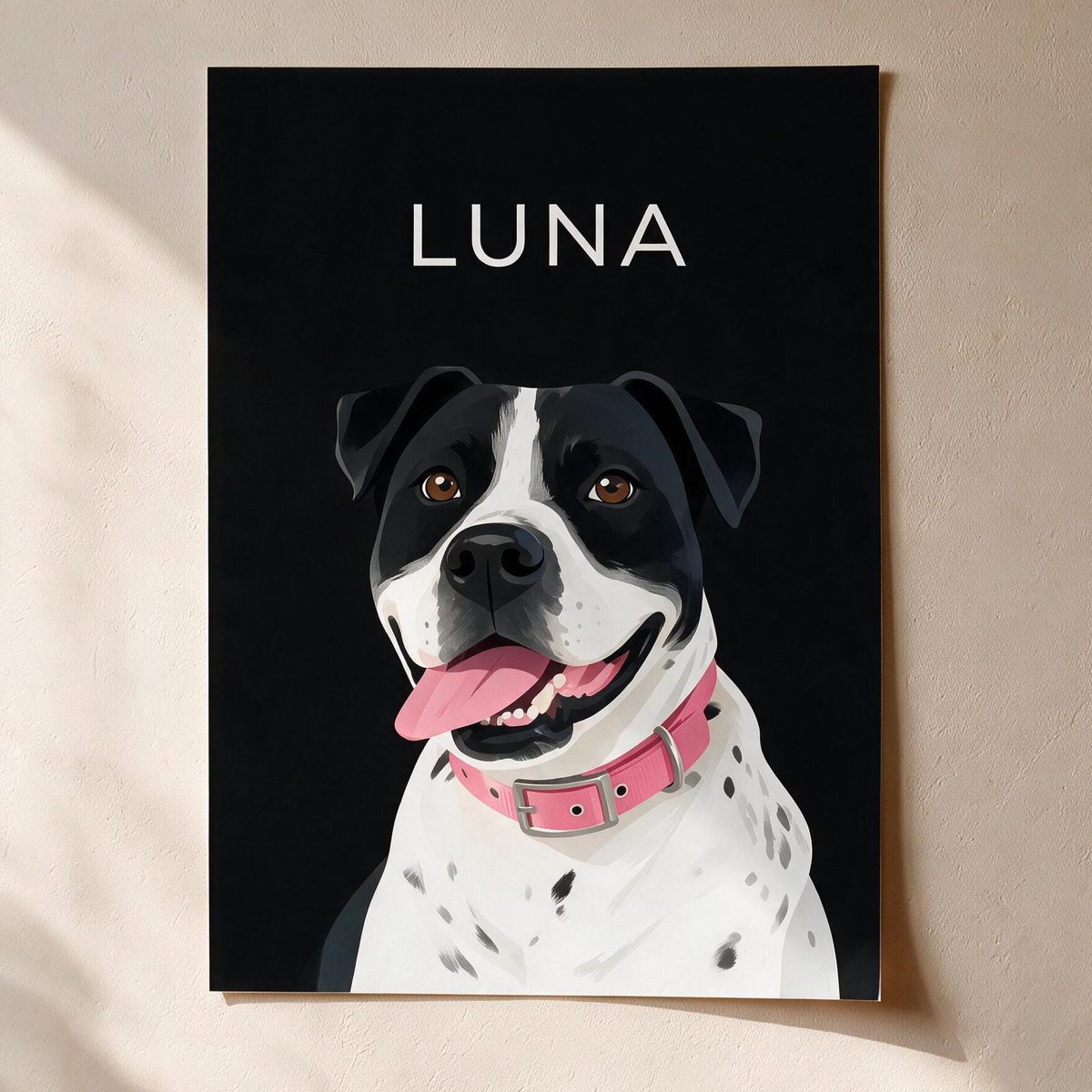 Custom single pet portrait, unframed art print on a black background