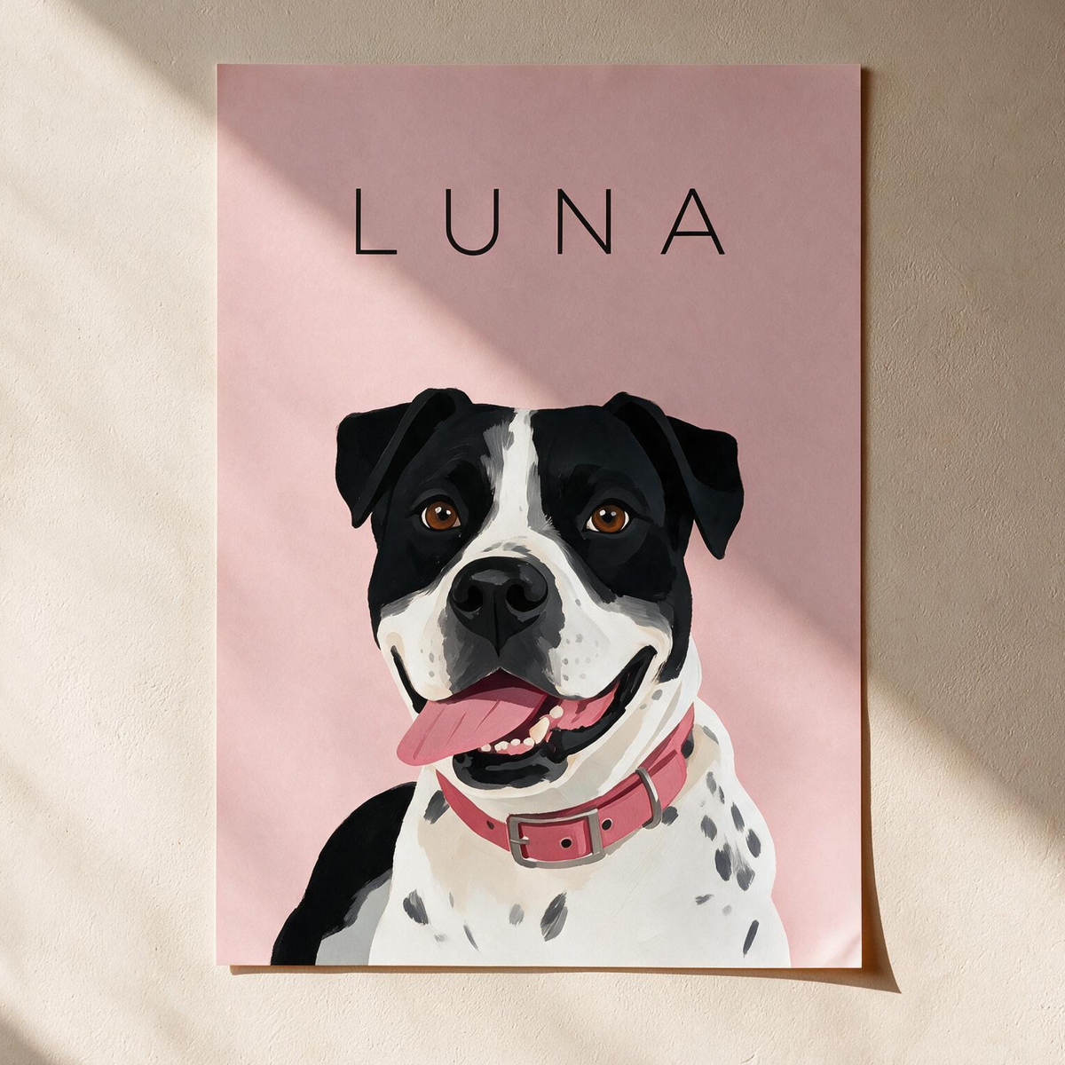 Custom single pet portrait, unframed art print on a pale pink background