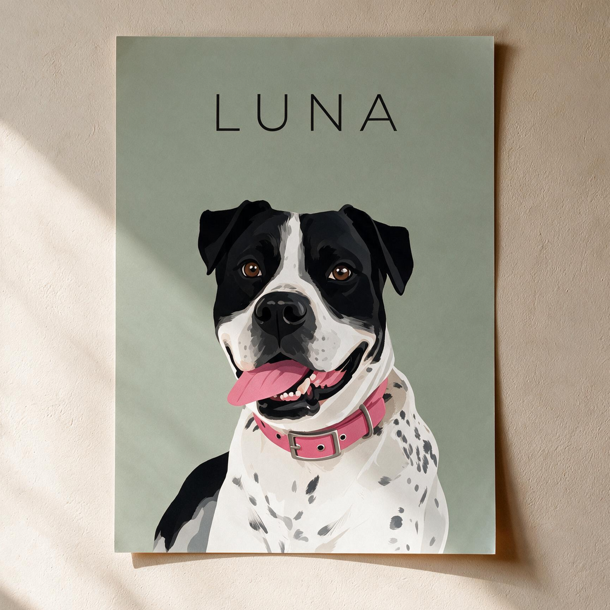 Custom single pet portrait, unframed art print on a sage green background