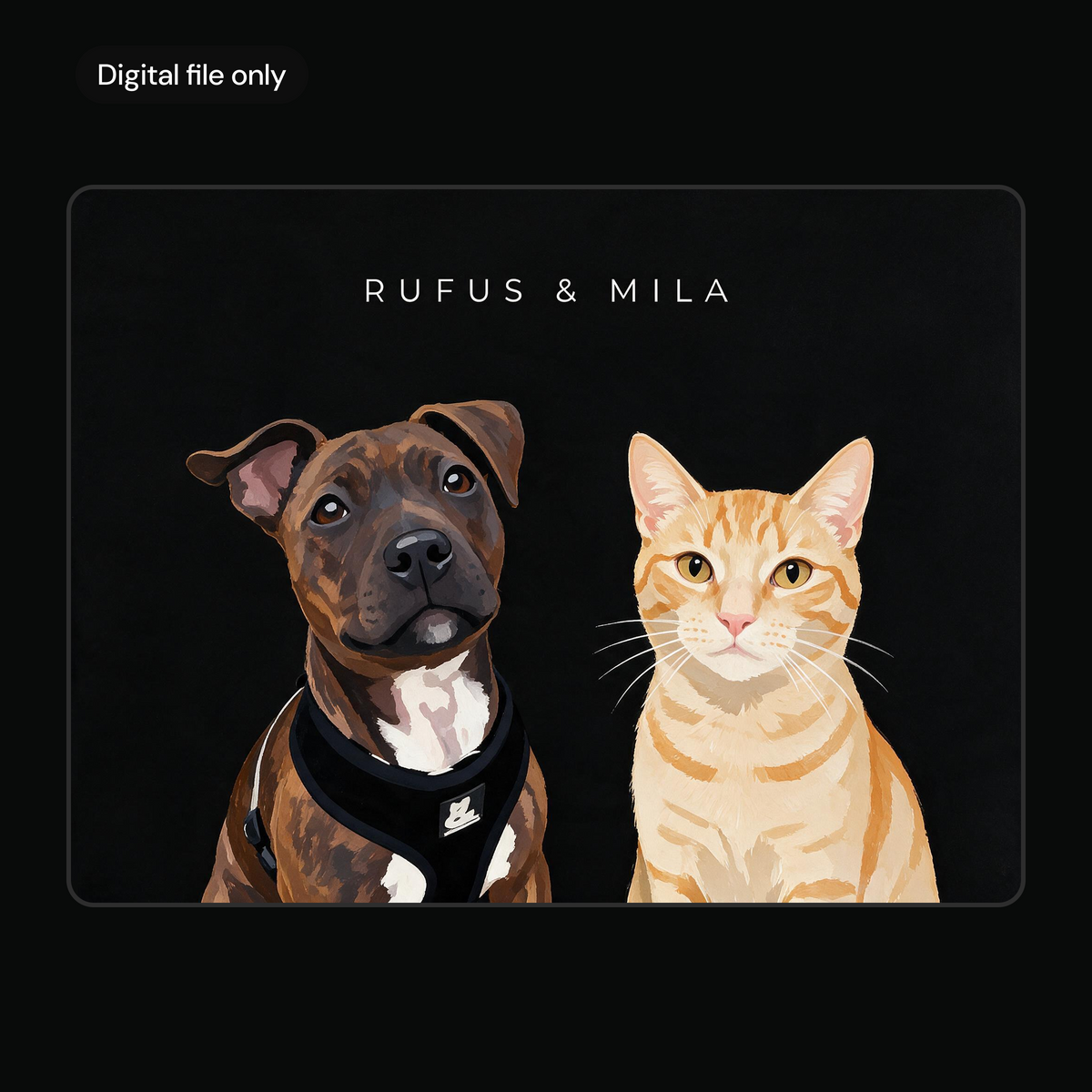Custom two pet portrait digital download, black background