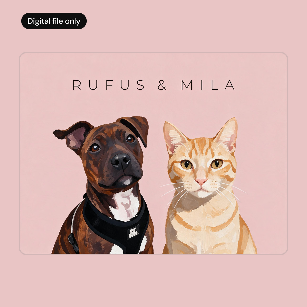 Custom two pet portrait digital download, pale pink background