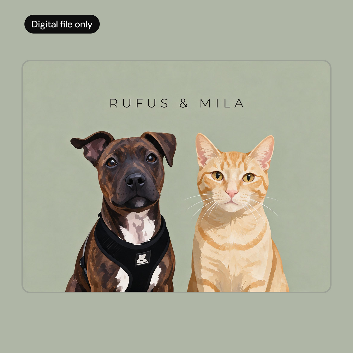 Custom two pet portrait digital download, sage green background