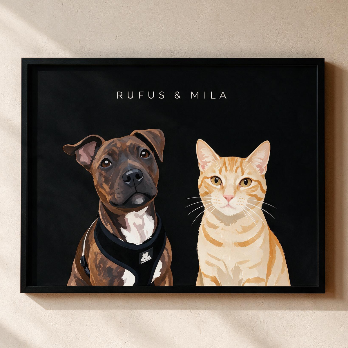 Custom two pet portrait, framed print on a black background