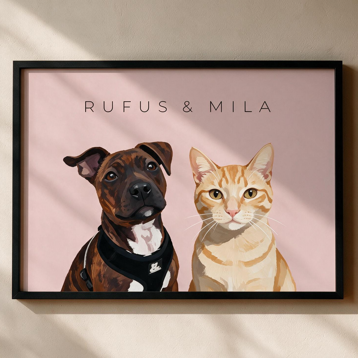 Custom two pet portrait, framed print on a pale pink background