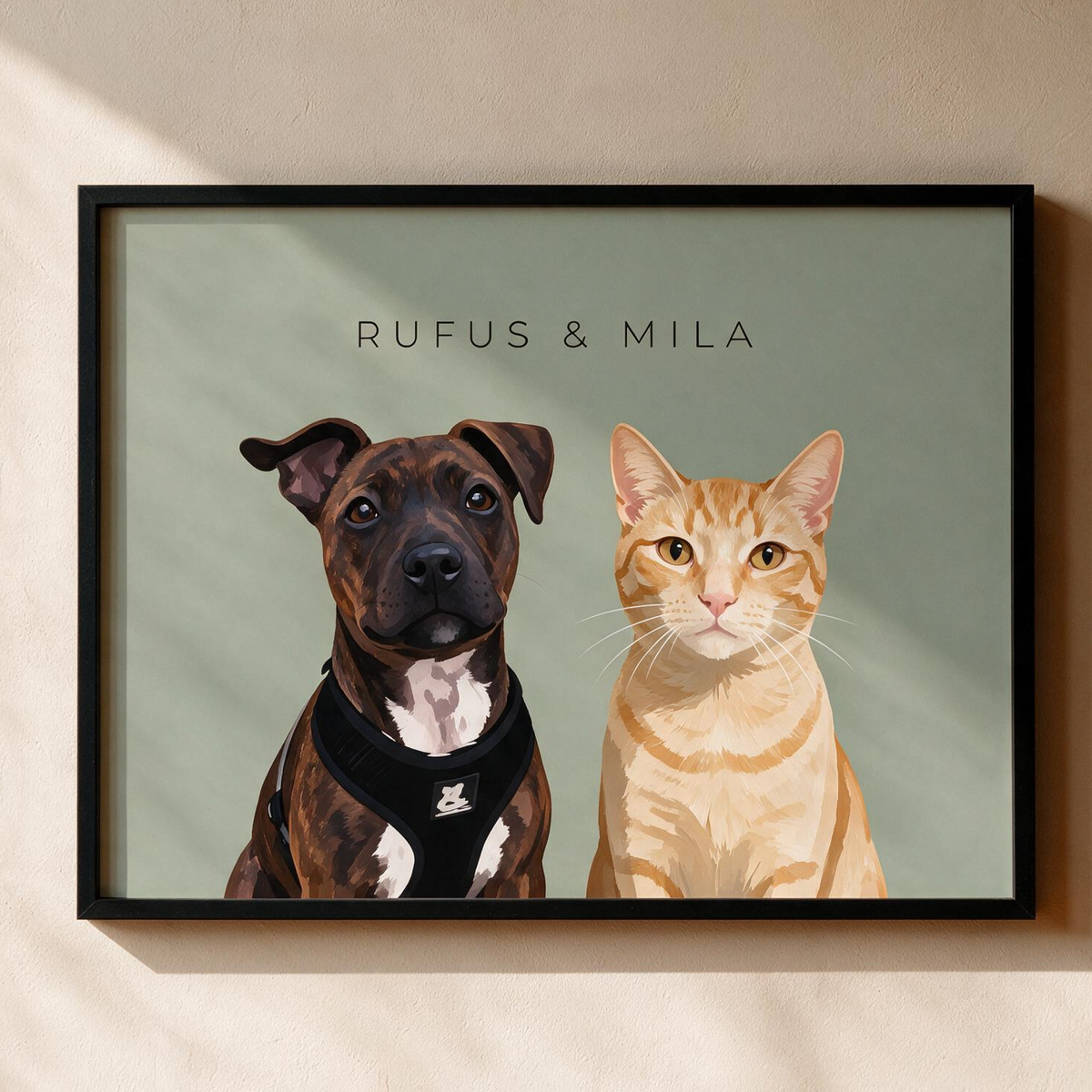 Custom two pet portrait, framed print on a sage green background