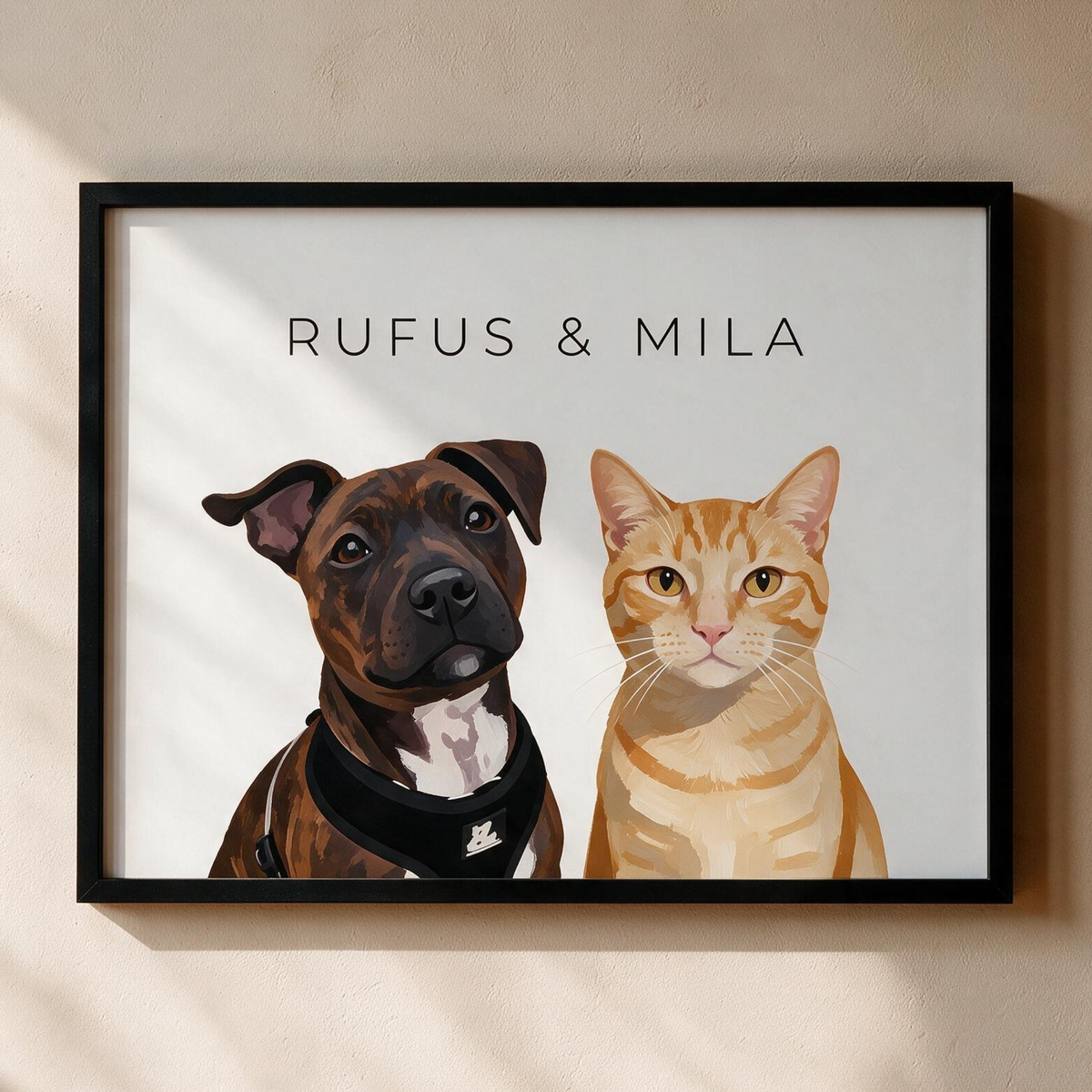 Custom two pet portrait, framed print on a white background