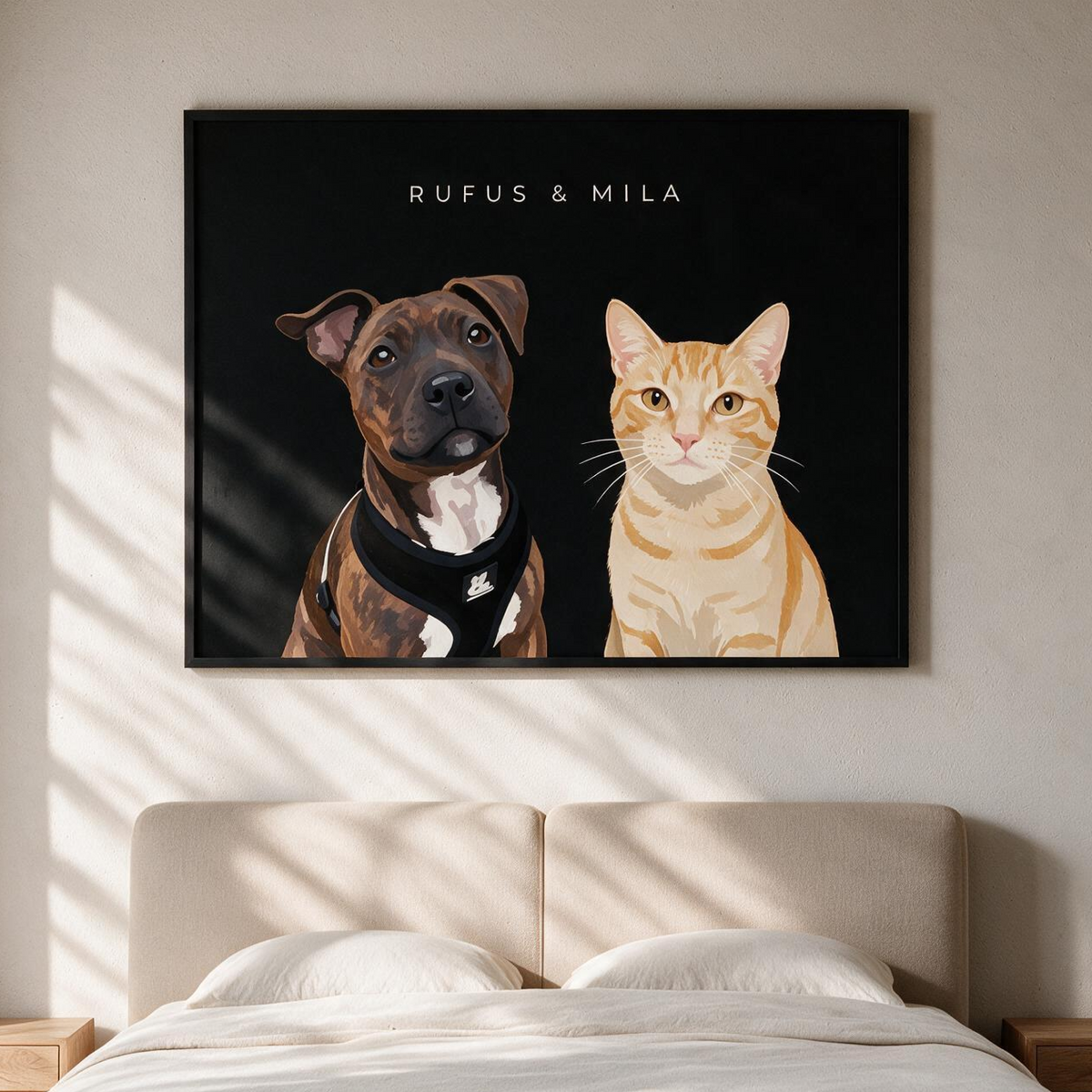 Custom two pet portrait framed and hanging on a living room wall