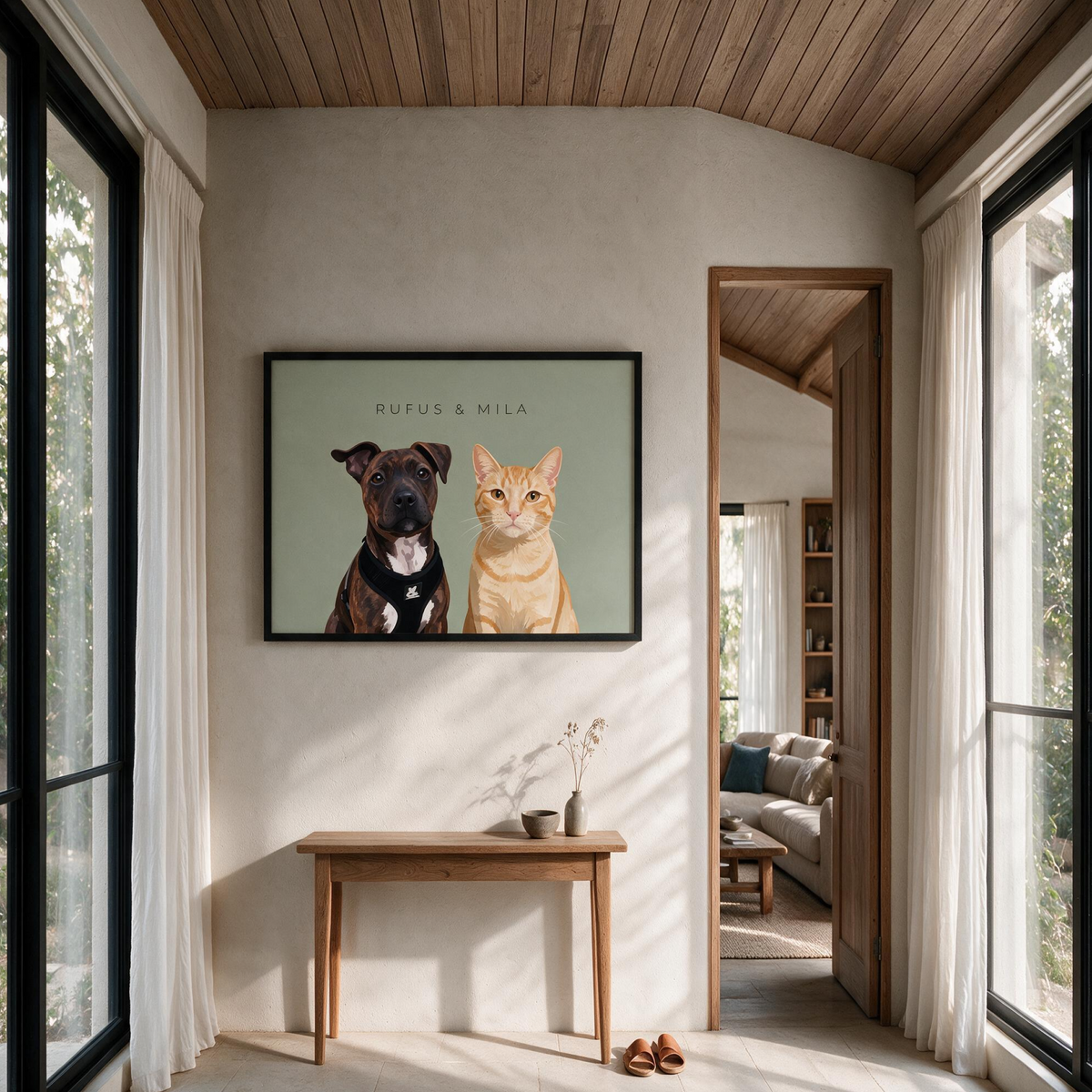 Custom two pet portrait styled as framed wall art in a home