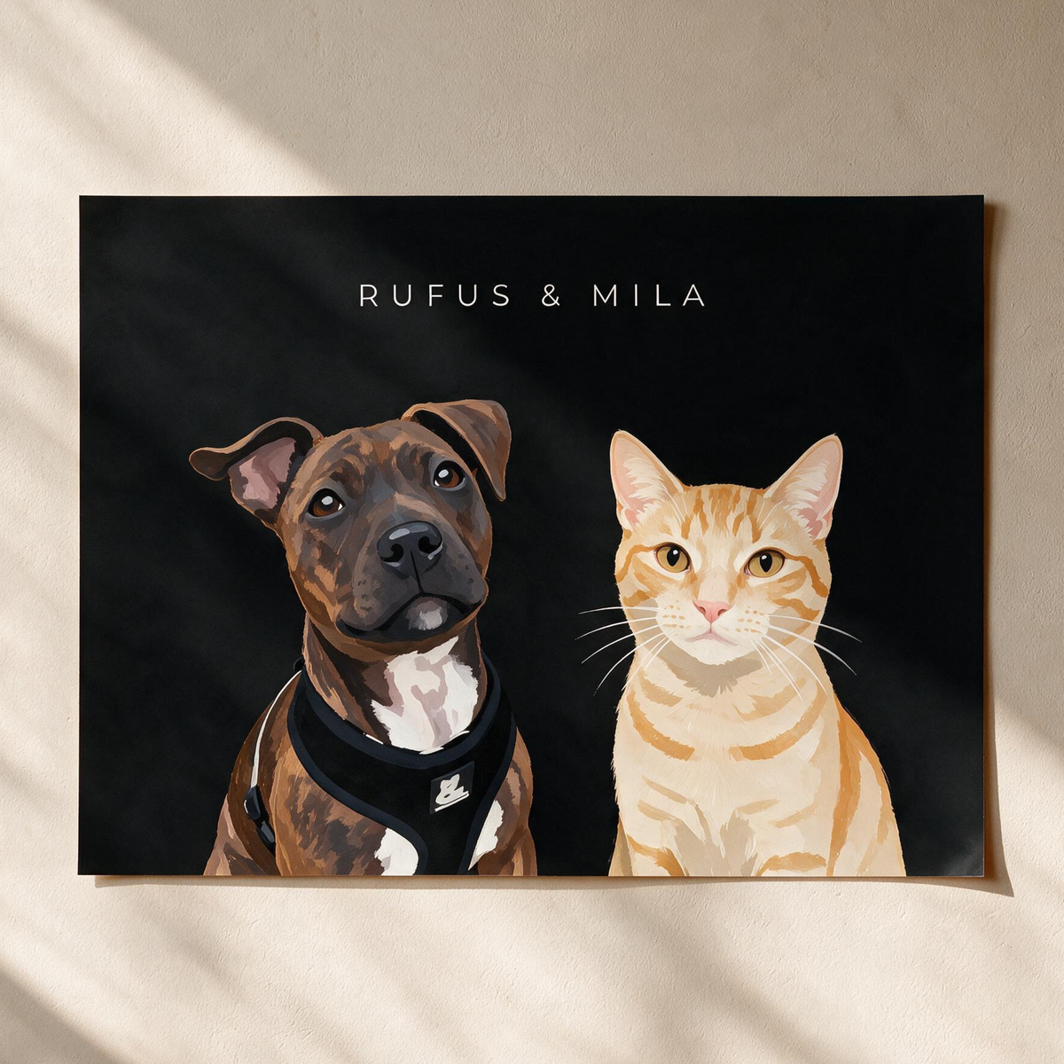 Custom two pet portrait, unframed art print on a black background