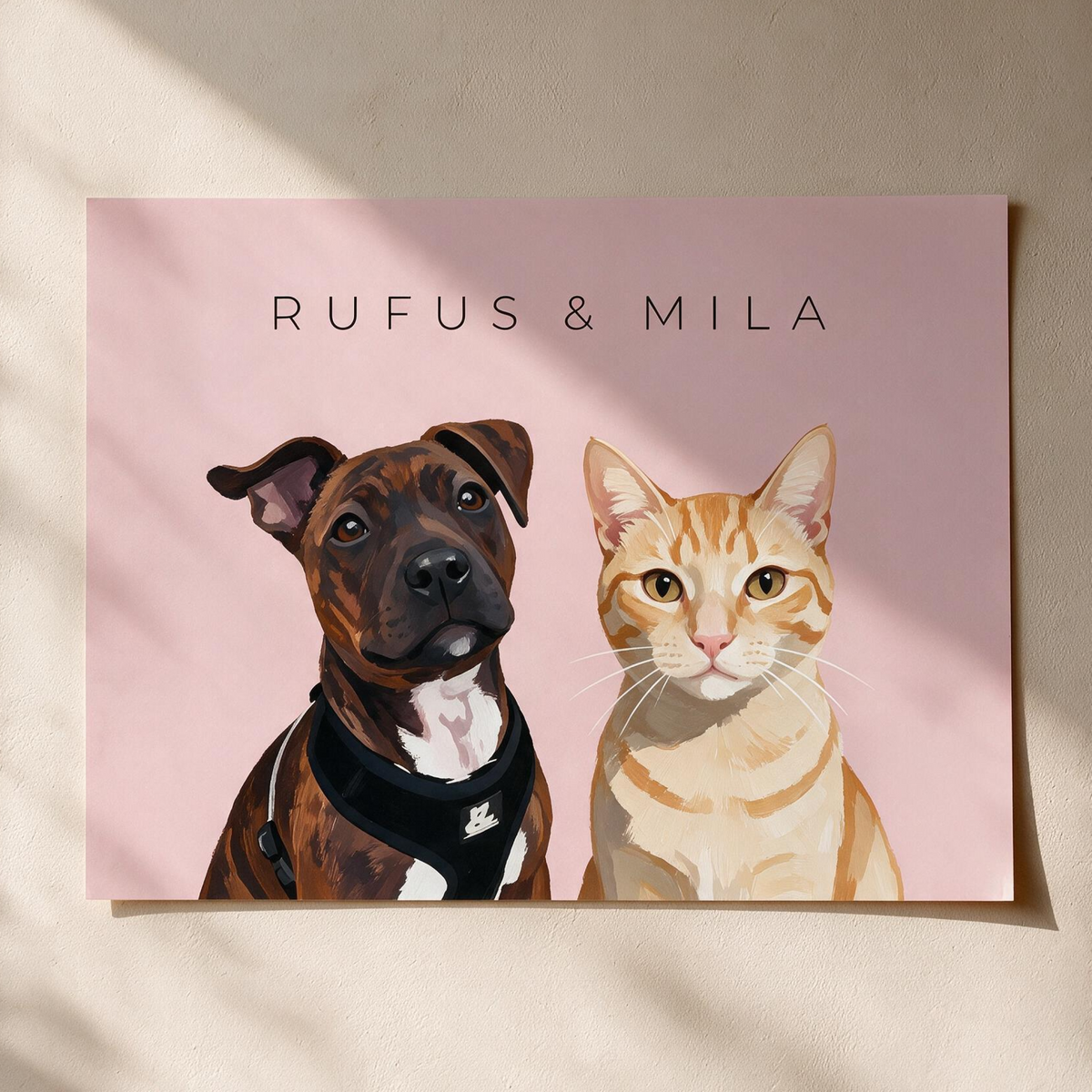 Custom two pet portrait, unframed art print on a pale pink background