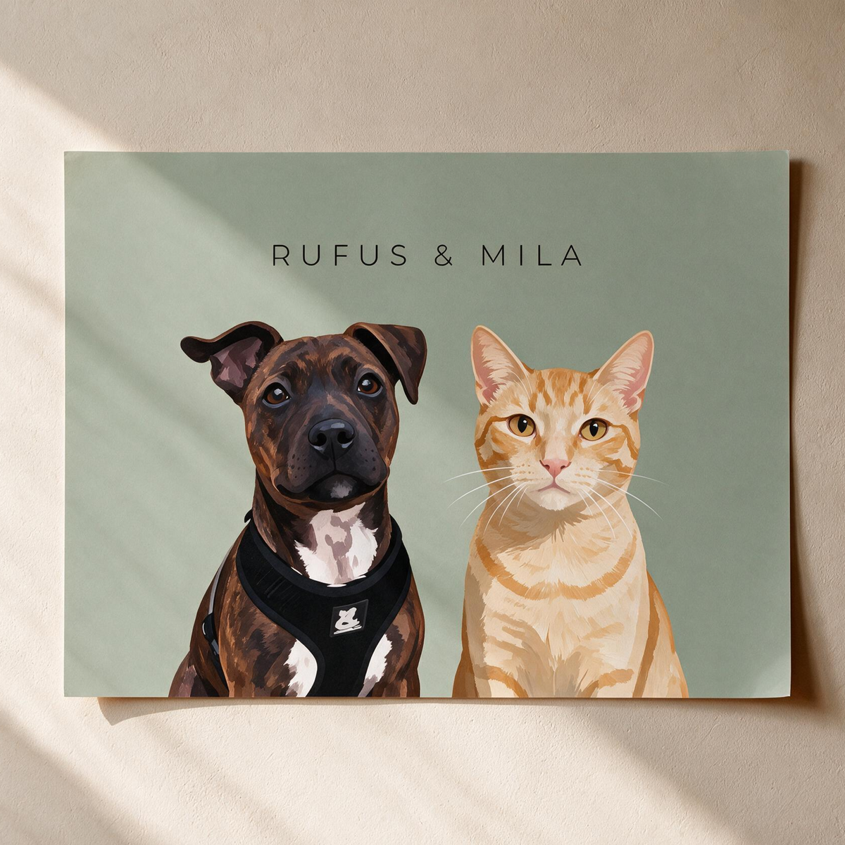 Custom two pet portrait, unframed art print on a sage green background