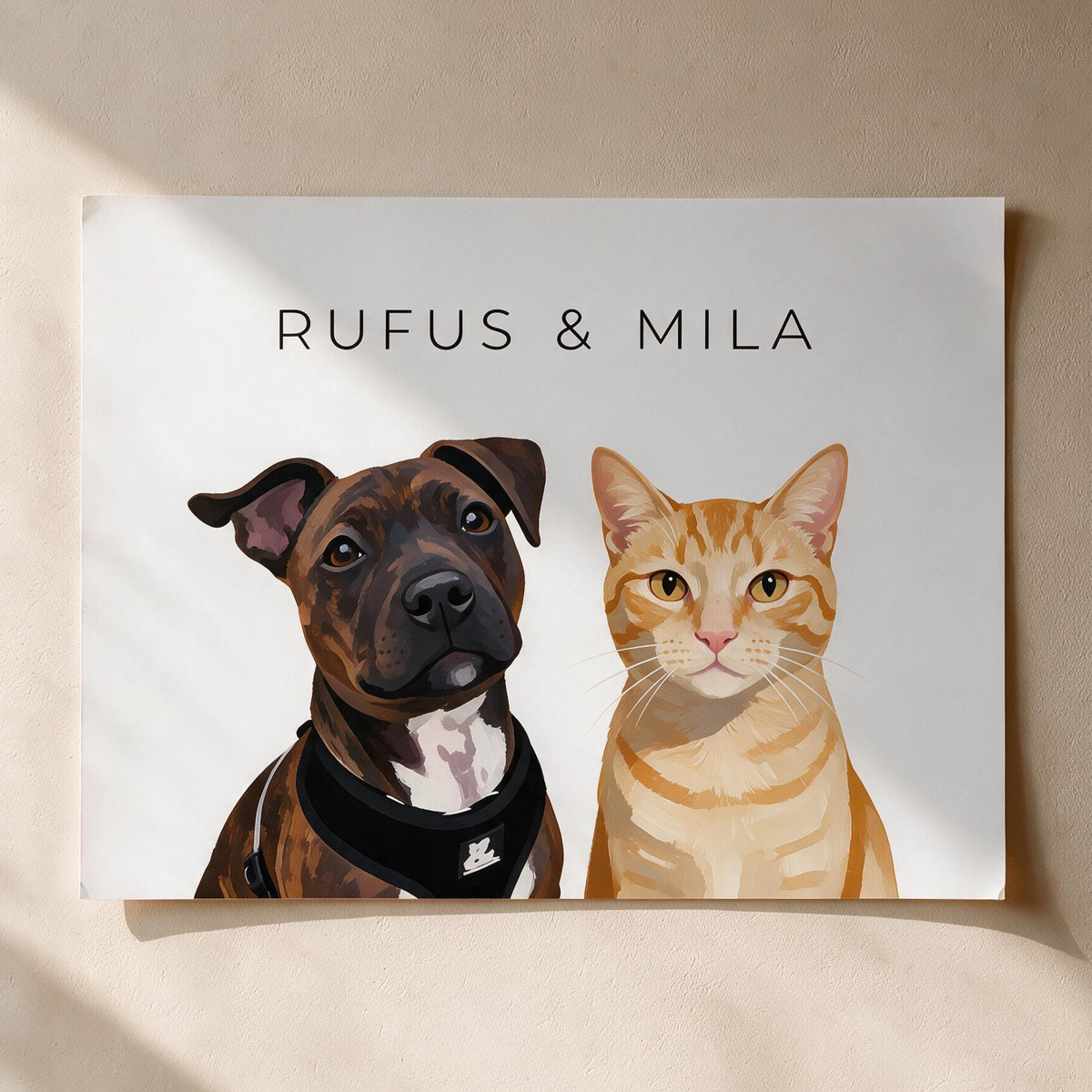Custom two pet portrait, unframed art print on a white background