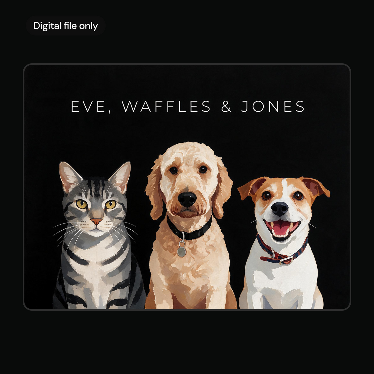 Custom three pet portrait digital download, black background