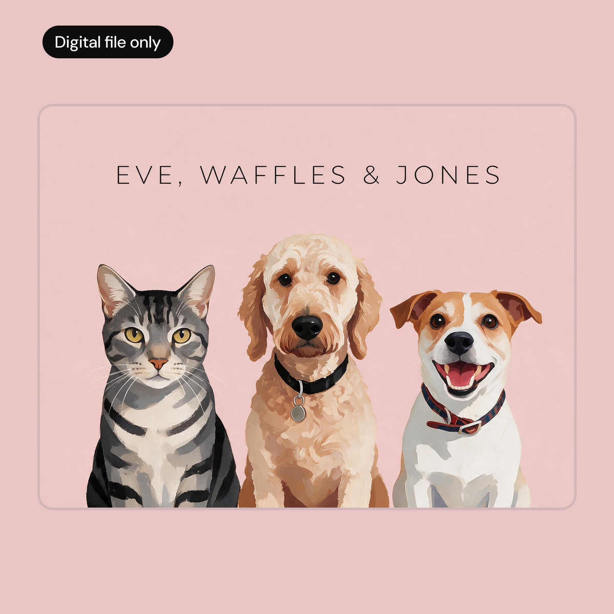 Custom three pet portrait digital download, pale pink background