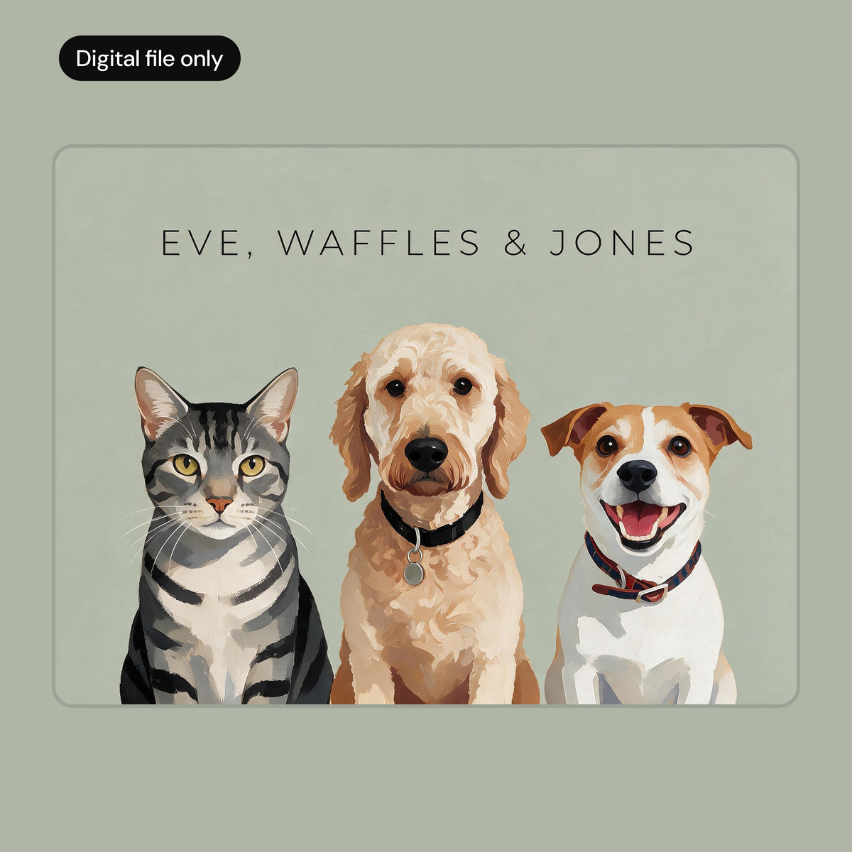 Custom three pet portrait digital download, sage green background