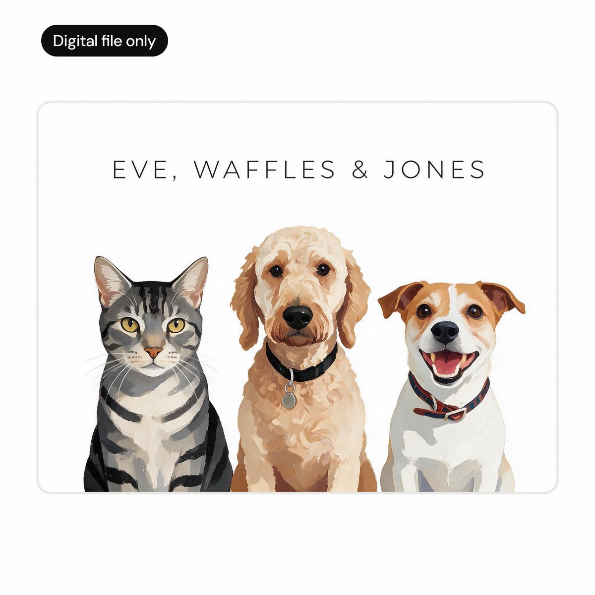 Custom three pet portrait digital download, white background