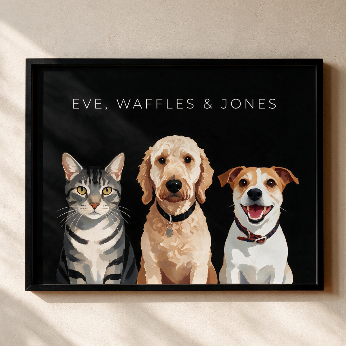 Custom three pet portrait, framed print on a black background