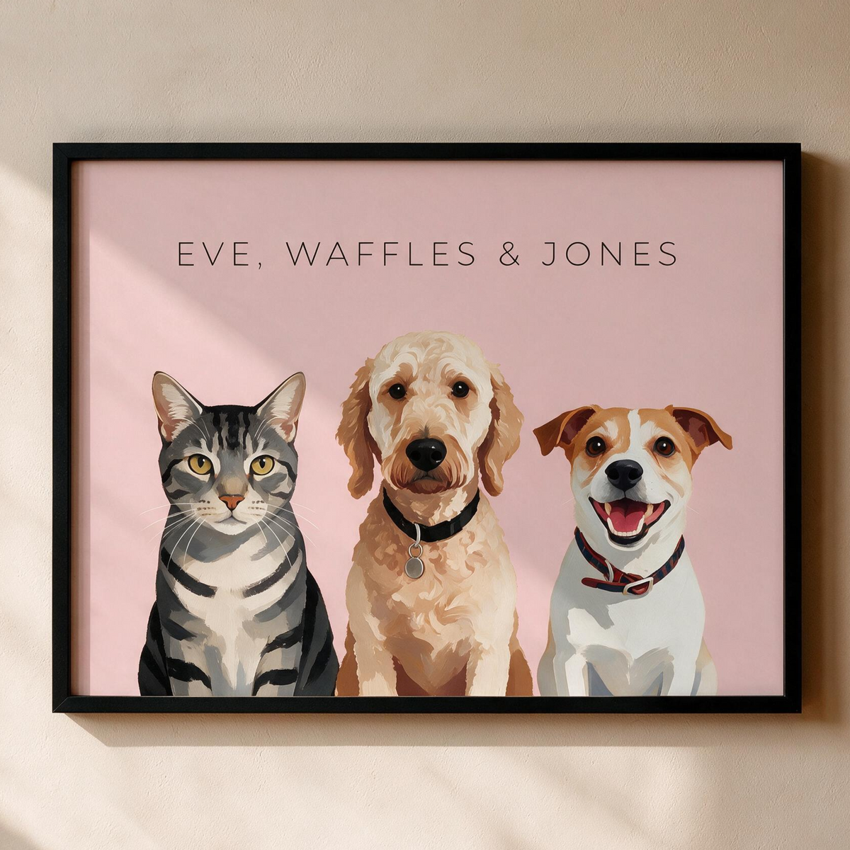 Custom three pet portrait, framed print on a pale pink background