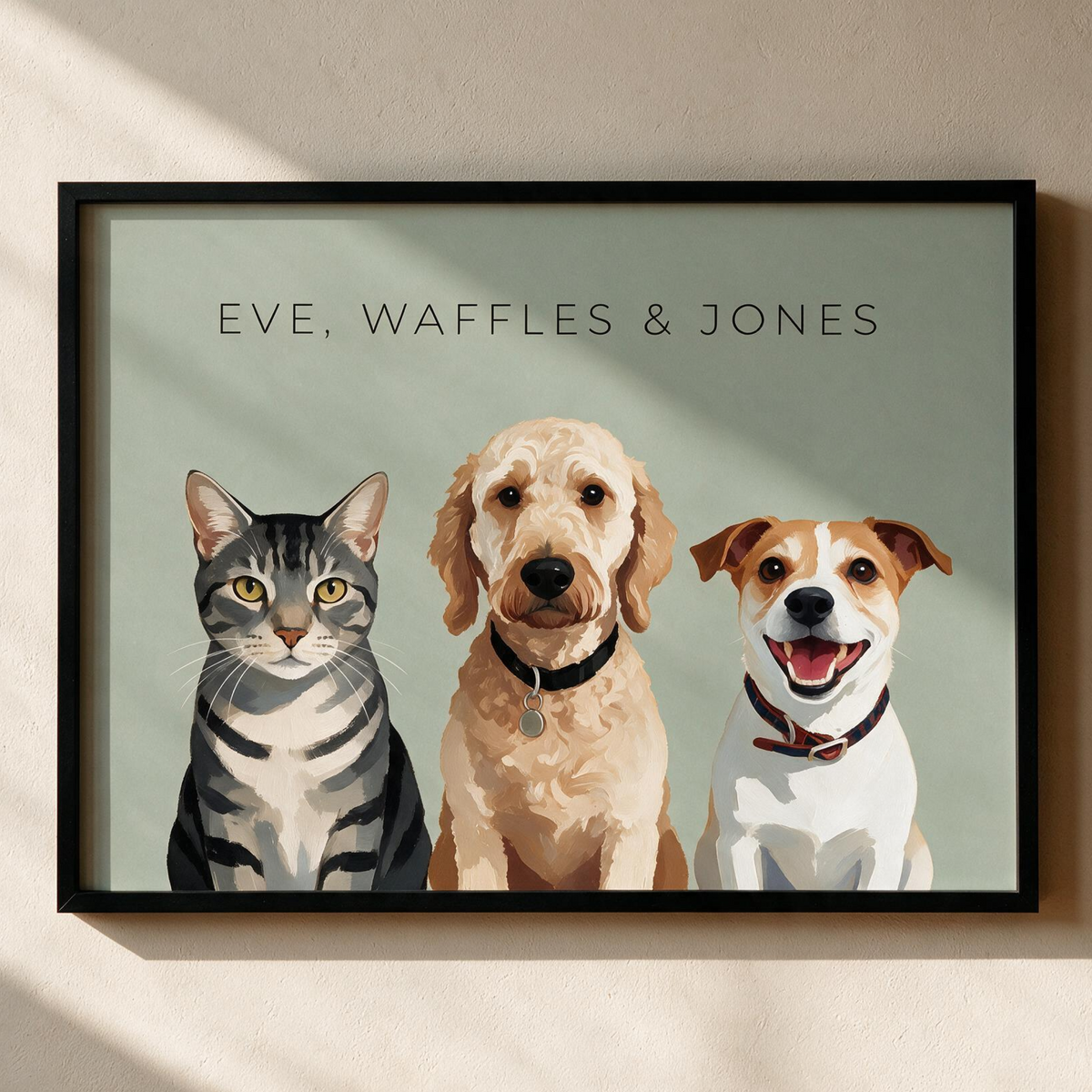Custom three pet portrait, framed print on a sage green background