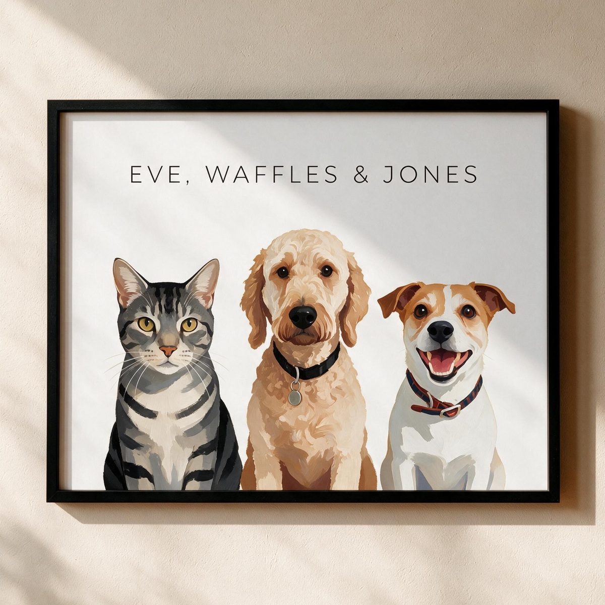 Custom three pet portrait, framed print on a white background