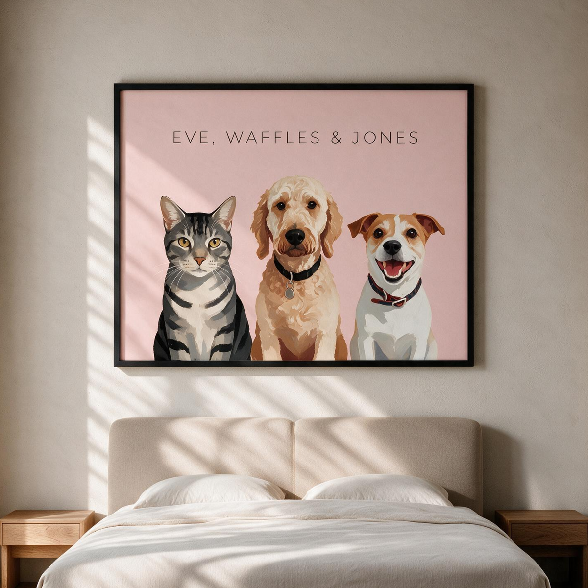 Custom three pet portrait framed and hanging on a living room wall