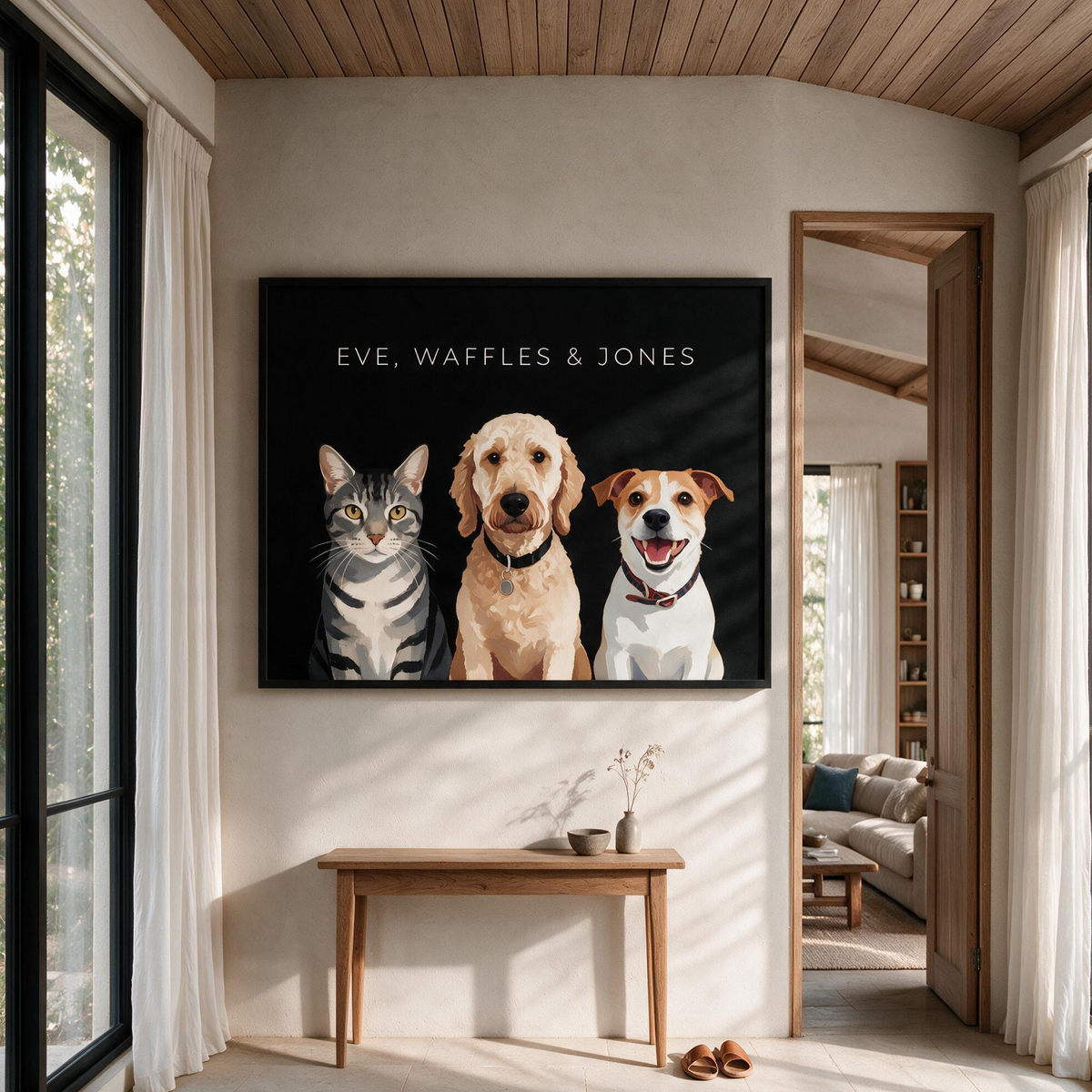 Custom three pet portrait styled as framed wall art in a home