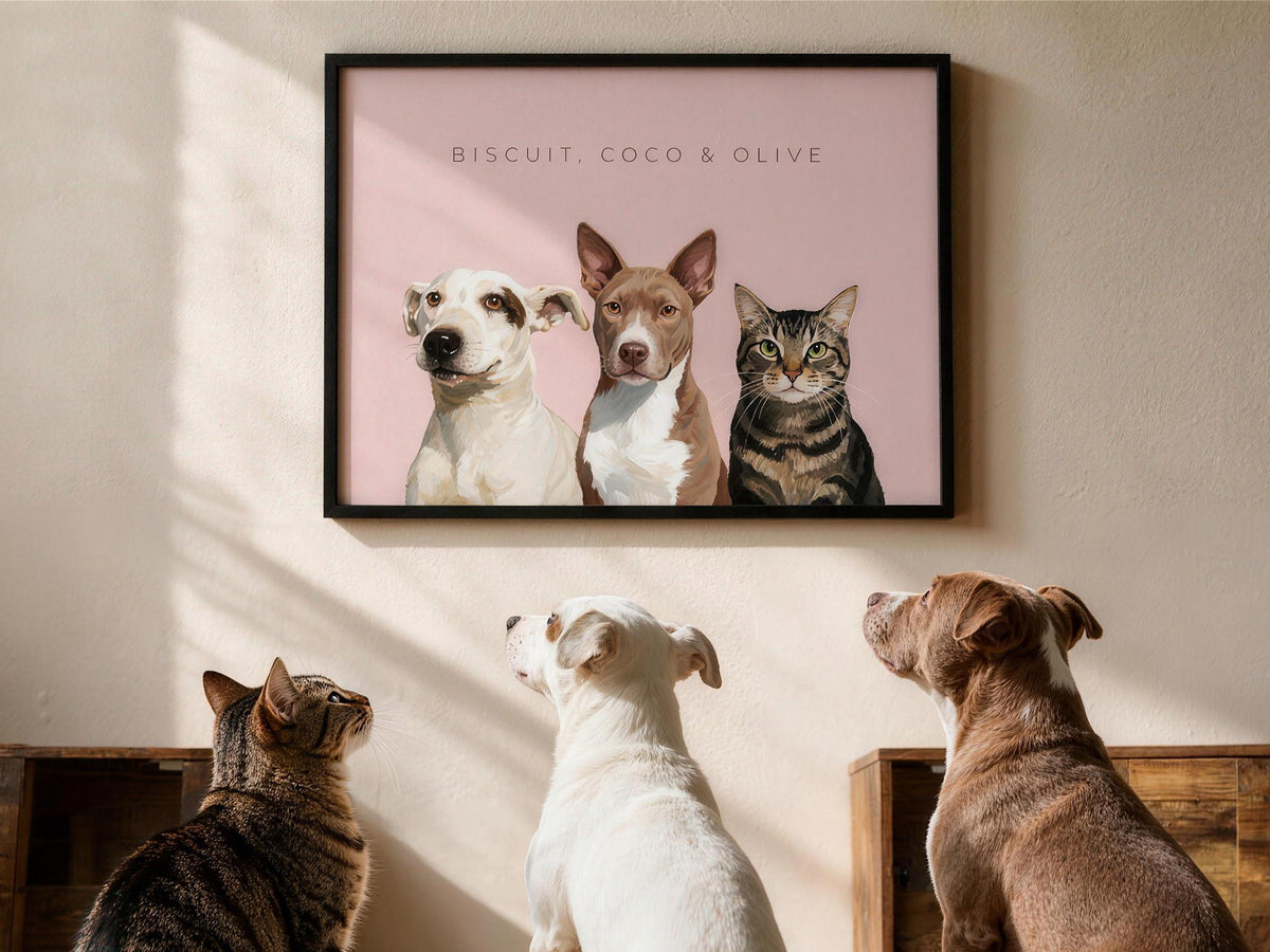 Pet photo and the finished custom three pet portrait side by side