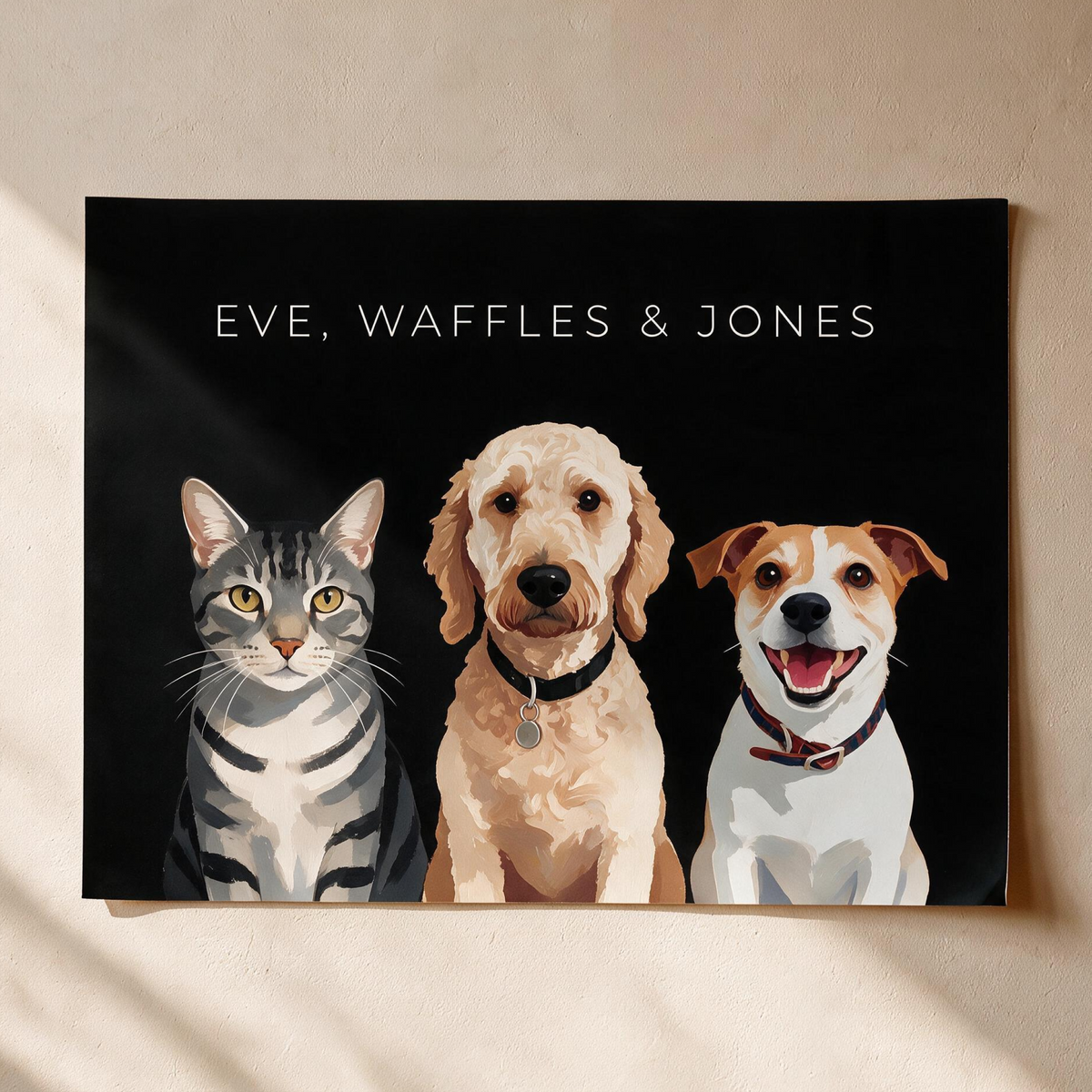 Custom three pet portrait, unframed art print on a black background