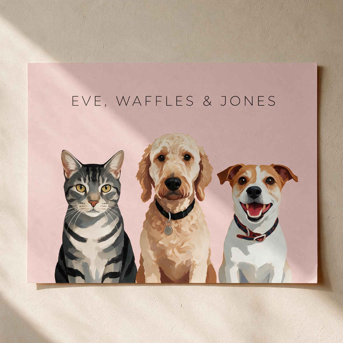 Custom three pet portrait, unframed art print on a pale pink background
