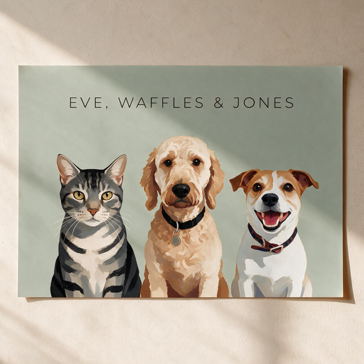 Custom three pet portrait, unframed art print on a sage green background