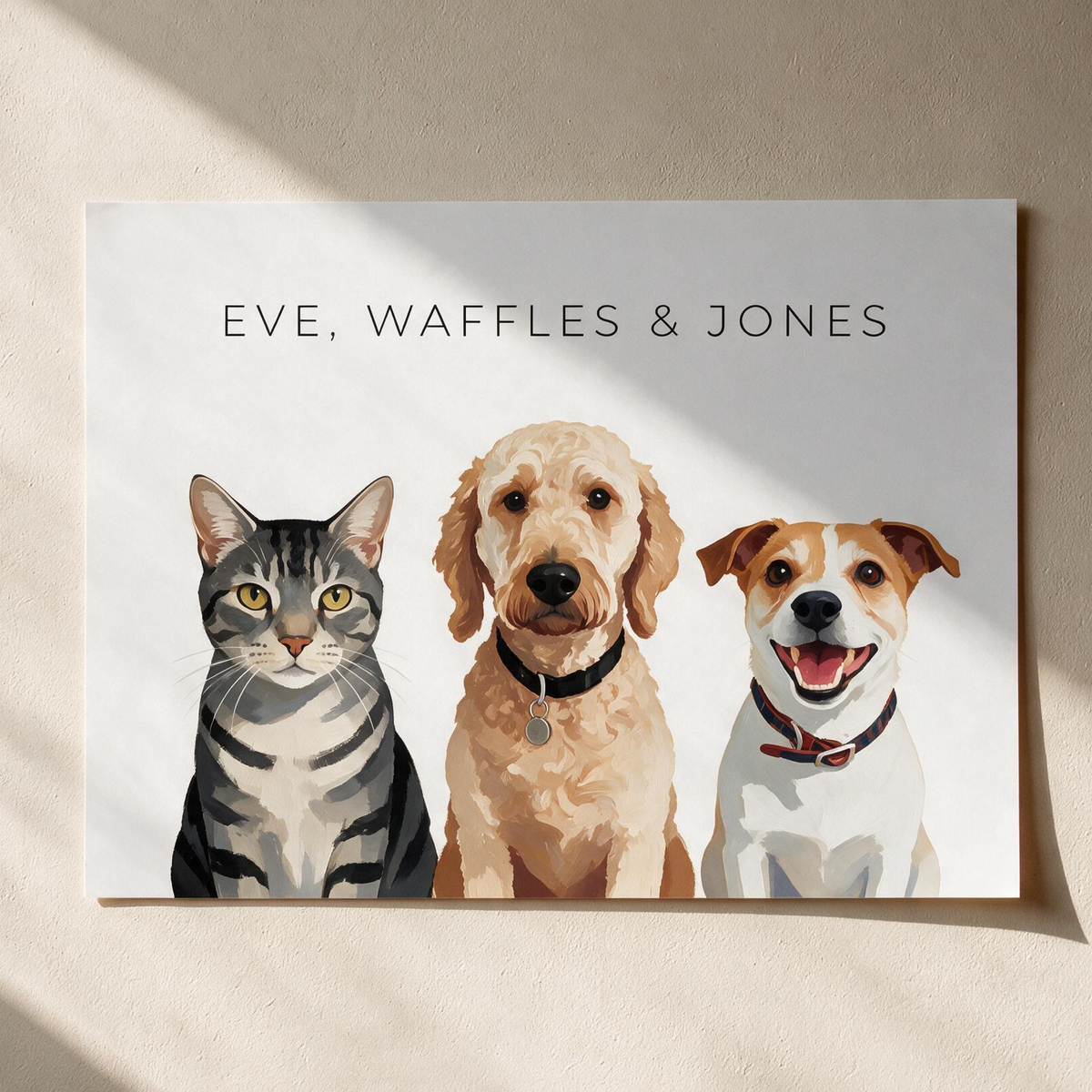 Custom three pet portrait, unframed art print on a white background