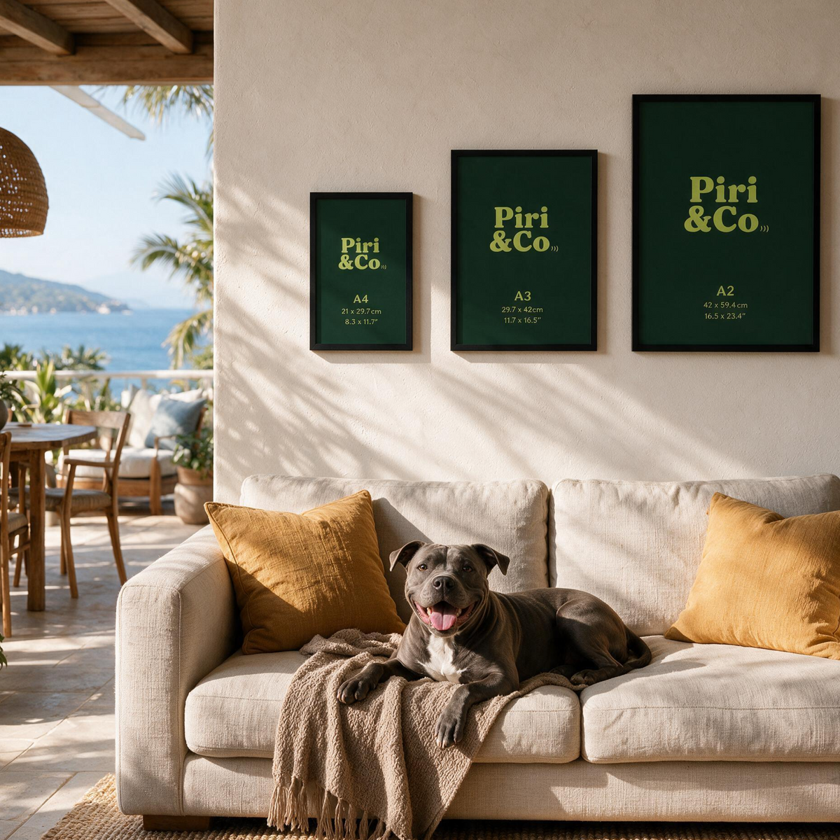 Pet portrait size guide comparing small A4, medium A3 and large A2 prints